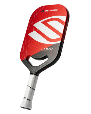 Selkirk Luxx Control Air Invikta Pickleball Paddle in red, gold, and blue.