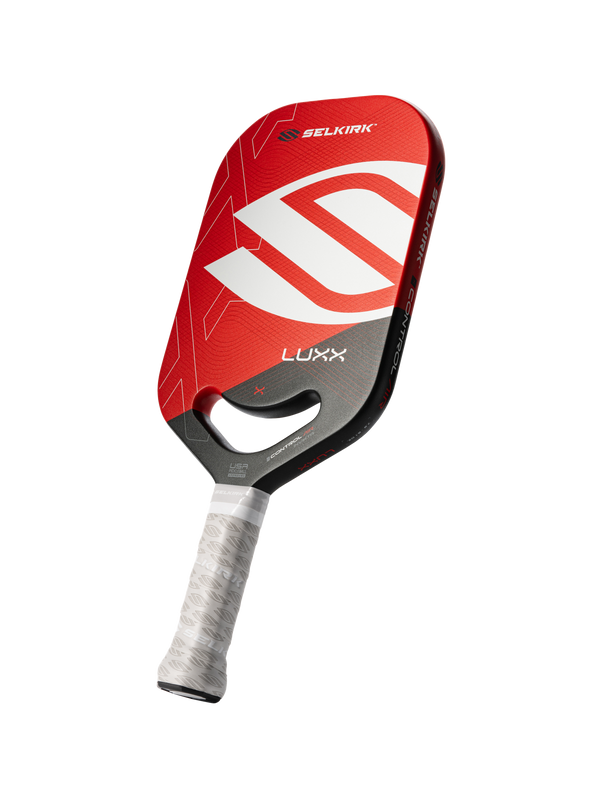 Selkirk Luxx Control Air Epic Pickleball Paddle featuring a red, gold, and blue design.