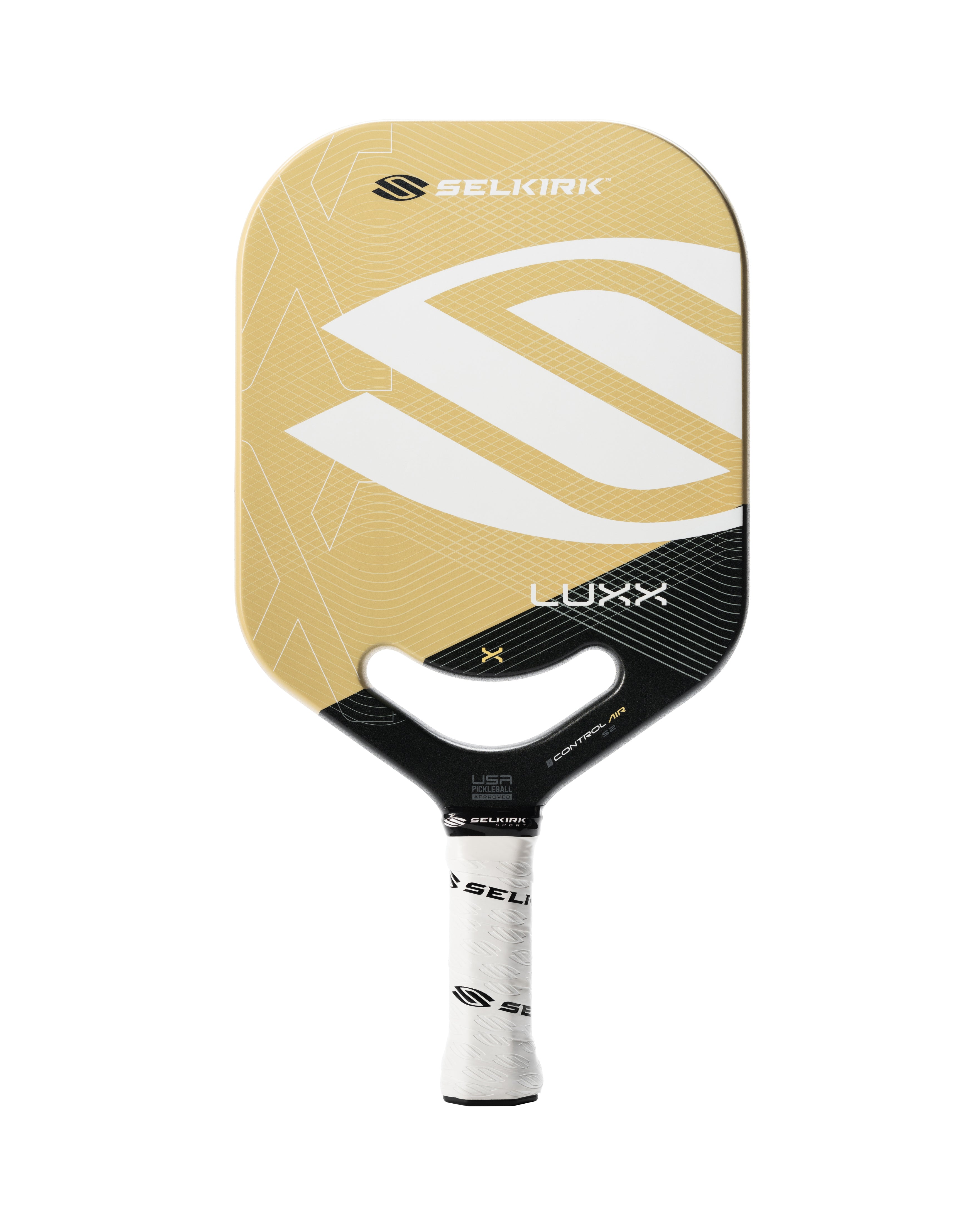 Selkirk Luxx Control Air S2 Pickleball Paddle in red, gold, and blue.