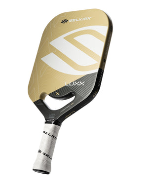 Selkirk Luxx Control Air S2 Pickleball Paddle in red, gold, and blue.