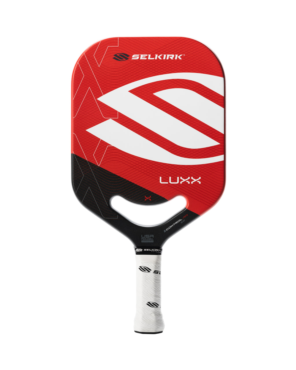 Luxx Control Air pickleball paddle in red with the Selkirk logo and the word Luxx on the face and the word