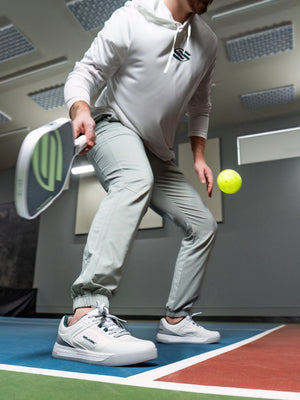 Selkirk Legacy Pro men's pickleball shoe, White Pine, on court 1