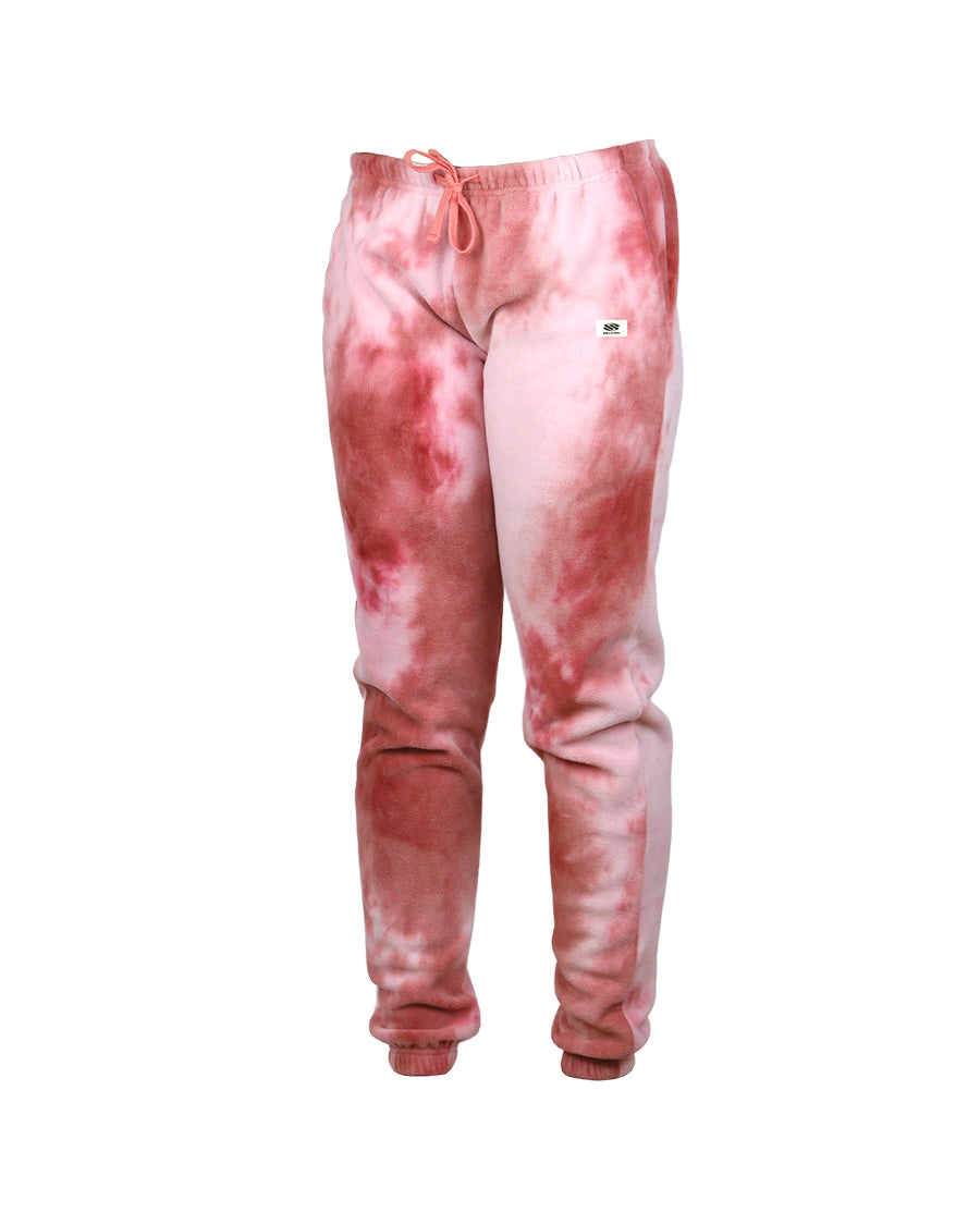 Selkirk Fall Owen Collection Women's Lotti Sweatpants in Pink Tie Dye, Small, made of 100% polyester polar fleece with elastic waist and side pockets.