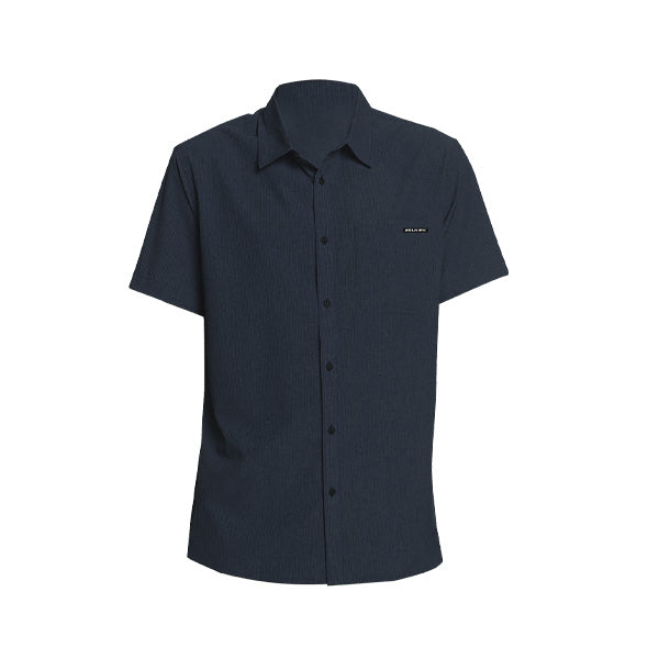 Navy blue short sleeve button-down shirt with UPF50 technology