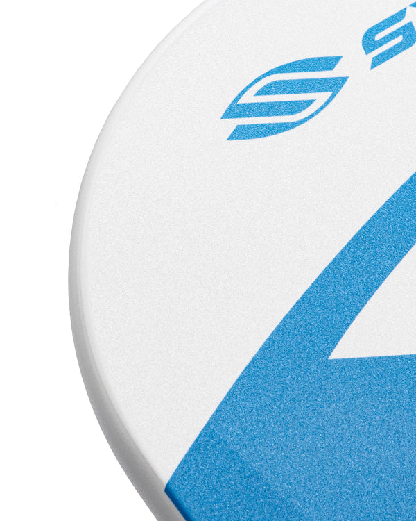 Close-up of Selkirk VANGUARD Power Air Invikta pickleball paddle showing blue design and logo.