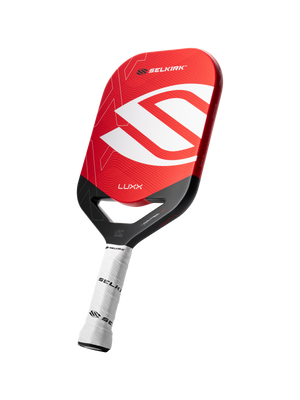 Angled view of Selkirk LUXX Control Air with InfiniGrit pickleball paddle showing a red and black face and white grip