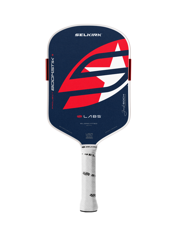 Selkirk LABS Project Boomstik pickleball paddle elongated shape in black, red, and white.