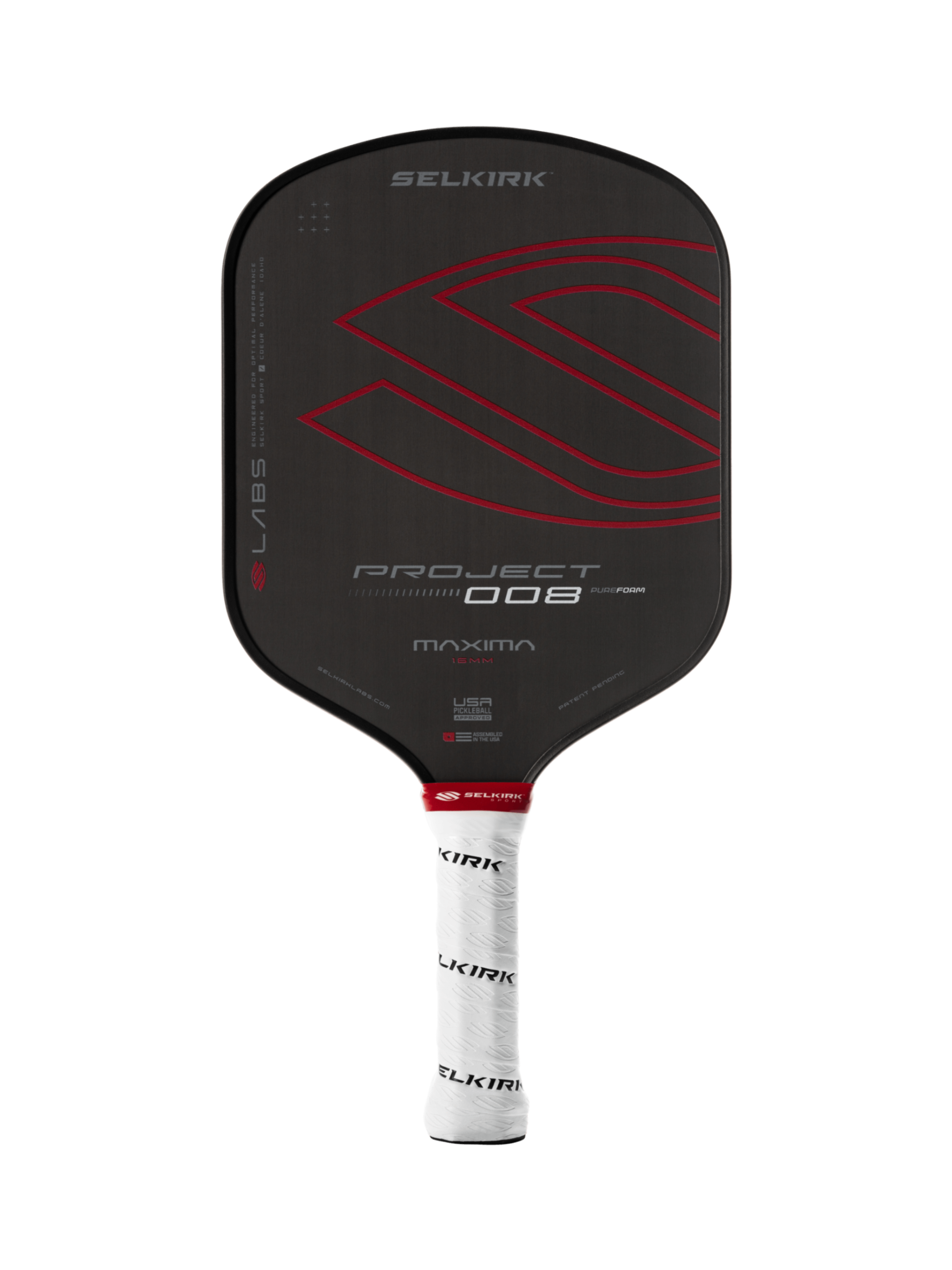 Selkirk LABS Project 008 pickleball paddle in black and red.