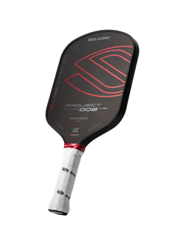 Selkirk LABS Project 008 pickleball paddle in black and red.