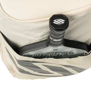 Pickleball backpack showing paddle in side pocket