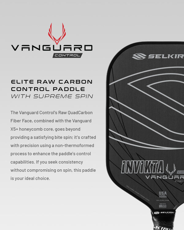 VANGUARD Control pickleball paddle with Raw QuadCarbon Fiber Face and X5+ honeycomb core, designed for supreme spin.