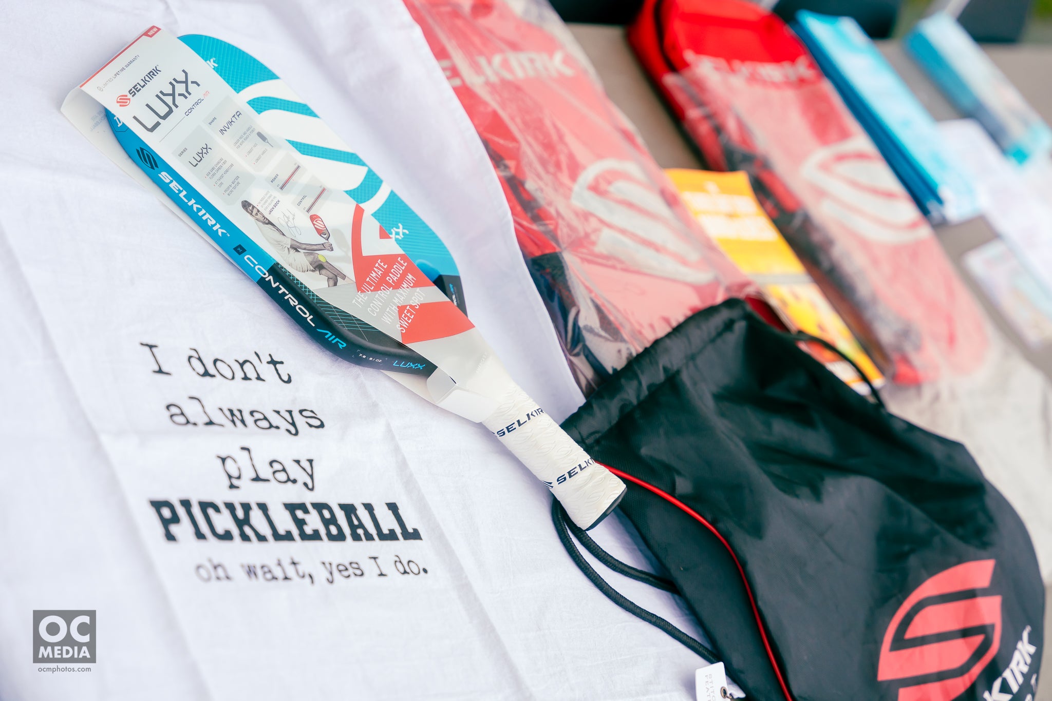 Pickleball paddle and bags with text: 'I don't always play PICKLEBALL, oh wait, yes I do.'