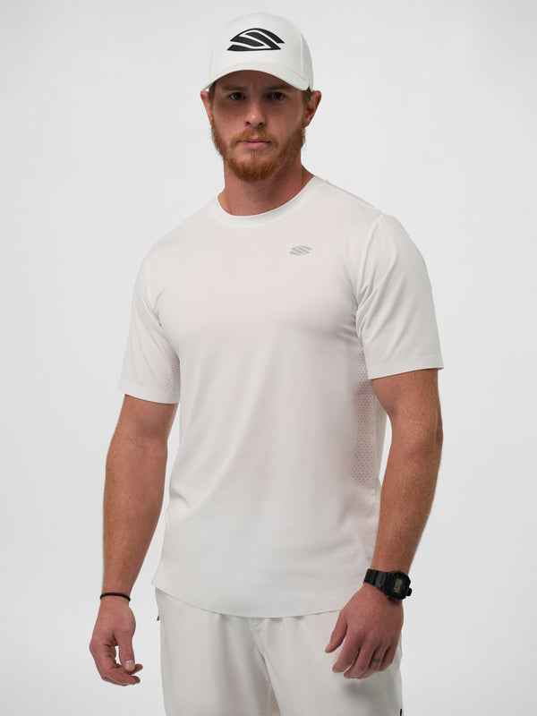 Model wearing Men's Pro Line Athletic Short Sleeve shirt in Chalk color.