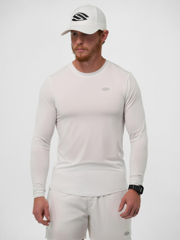 Model wearing Men's Pro Line Athletic Long Sleeve Shirt in Chalk color, showcasing fit and style.