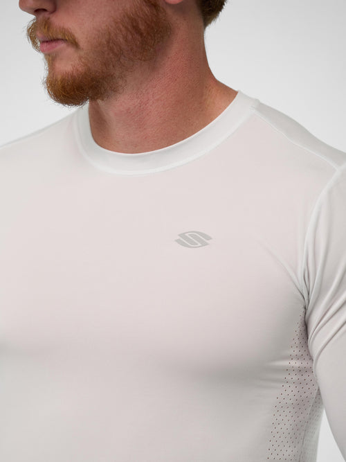 Men's Pro Line Athletic Long Sleeve Shirt in Chalk, model wearing size M, showing fit and design.