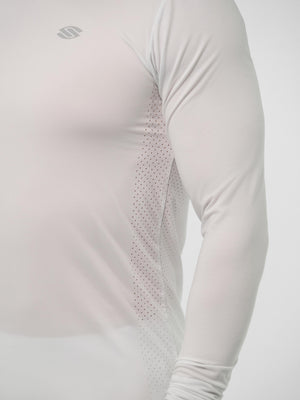 Men's white long-sleeve performance shirt with side ventilation perforations and small gray chest logo