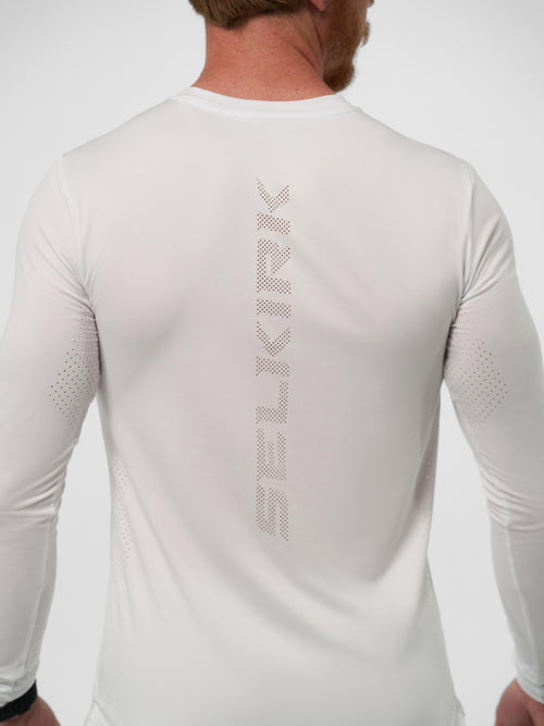 Men's Pro Line Athletic Long Sleeve Shirt in Chalk color, showing back design with 'SELKIRK' text.