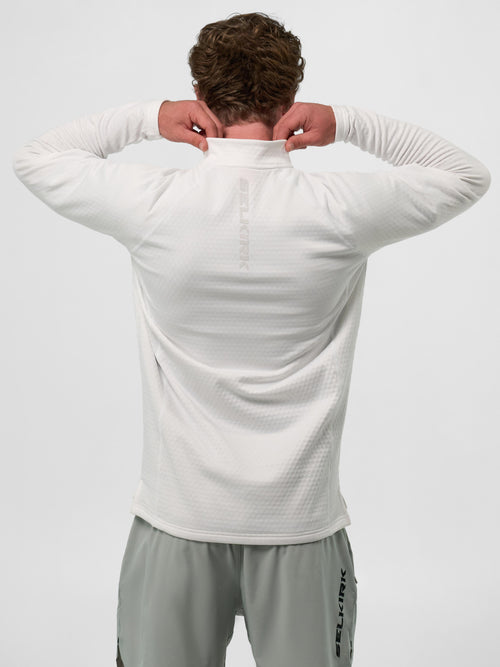 Model wearing the Men's Pro Line 1/4 Zip Pullover in Chalk, showing the back view.