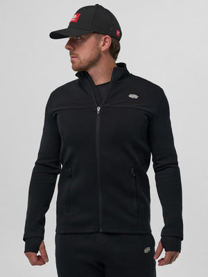 Model wearing a black Men's Pro Line Full Zip Jacket, showcasing the front view.