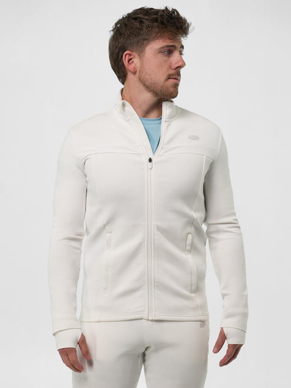 Men's full-zip pickleball jacket designed for performance, featuring a sleek black design.