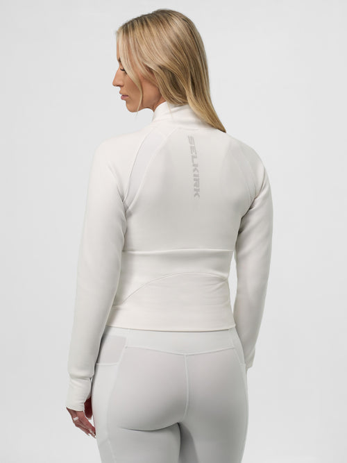 Back view of Women's Pro Line Full Zip-Up Cropped Jacket in Chalk, showing fit and design details.