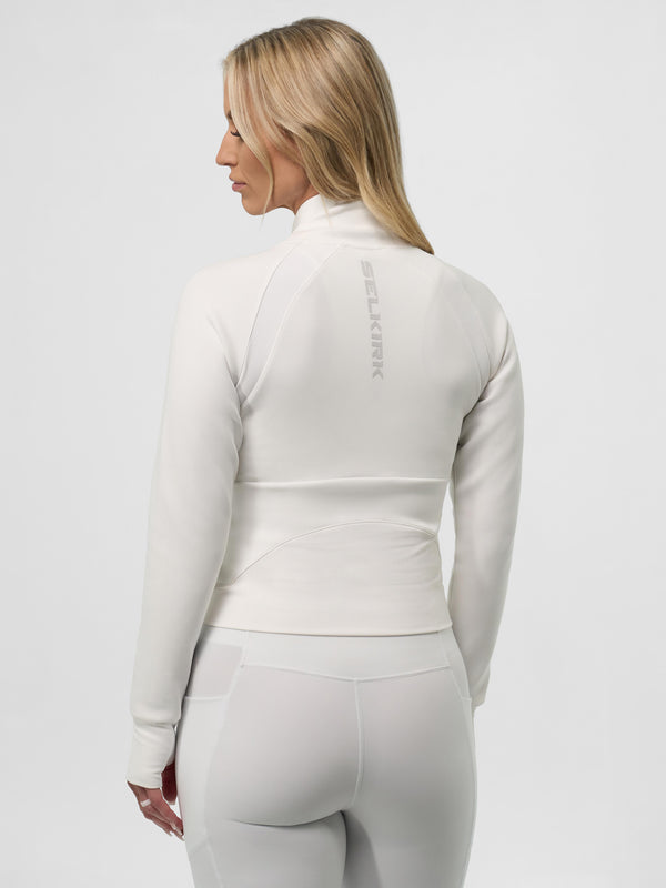 Back view of Women's Pro Line Full Zip-Up Cropped Jacket in Chalk, showing fit and design details.