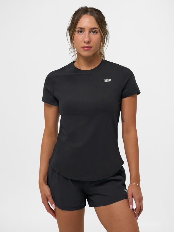 Black women's training t-shirt with a round neck and short sleeves.