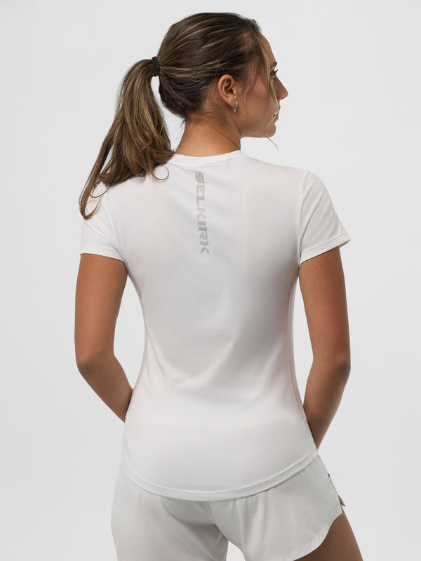 Model wearing Women's Pro Line Short Sleeve Training Tee in Chalk from the back