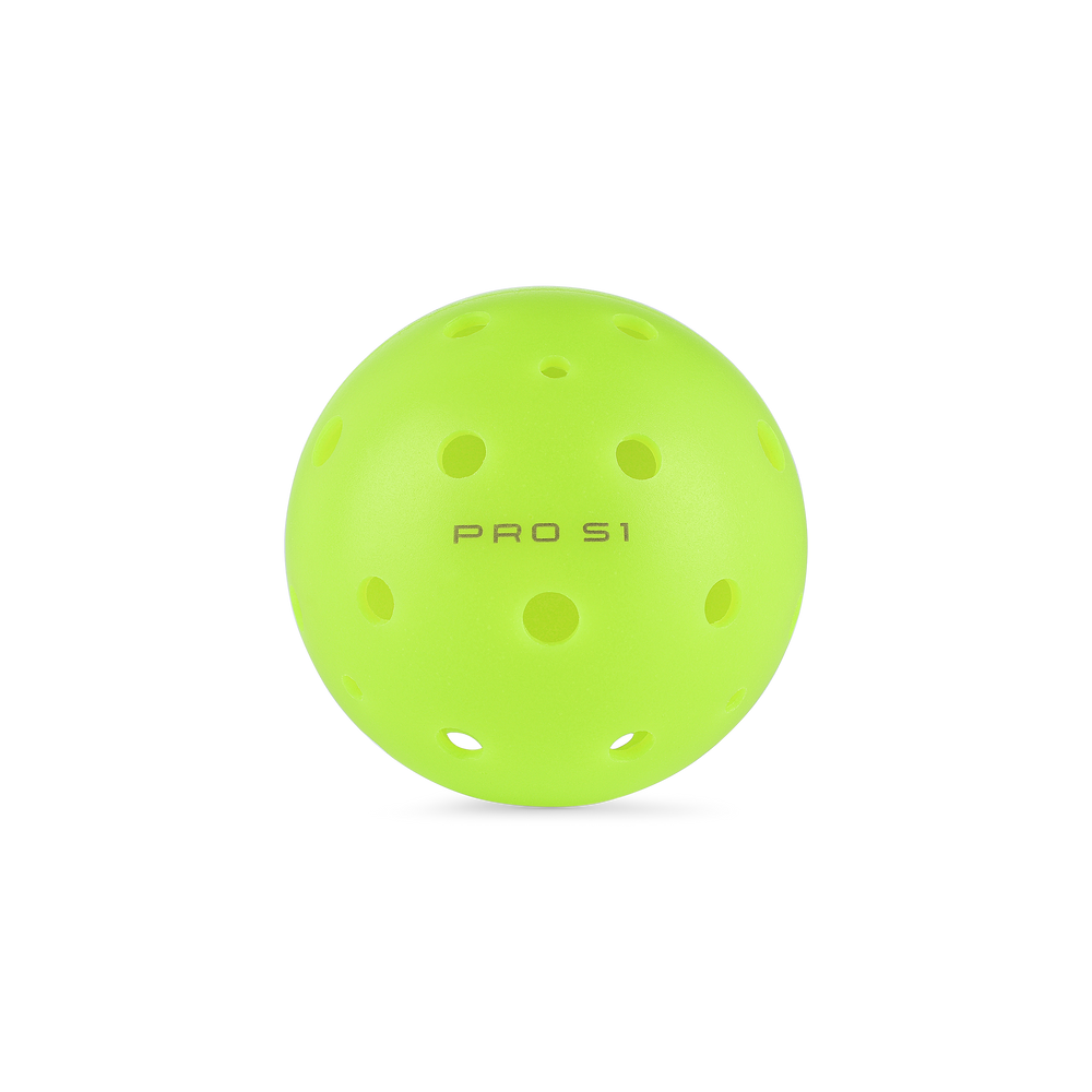 Bright green Pro S1 pickleball with holes and 'PRO S1' text.
