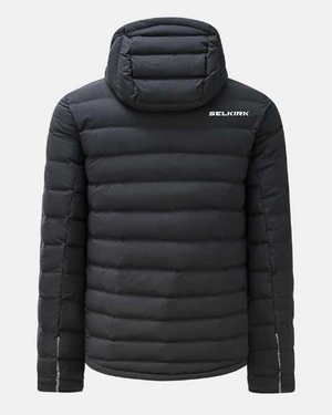 Back view of Selkirk TruWear Men's Quest Jacket in black, featuring a hood and puffy design.