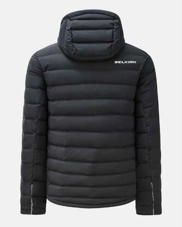 Back view of Selkirk TruWear Men's Quest Jacket in black, featuring a hood and puffy design.