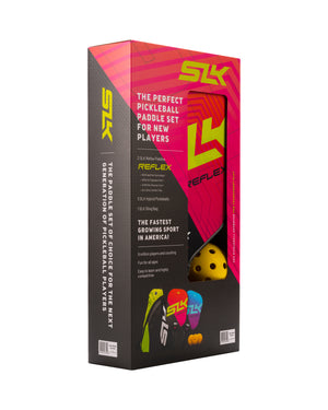 SLK Reflex Pickleball Bundle box featuring paddles and balls, with text: 'The Perfect Pickleball Paddle Set for New Players' and 'The Fastest Growing Sport in America!'