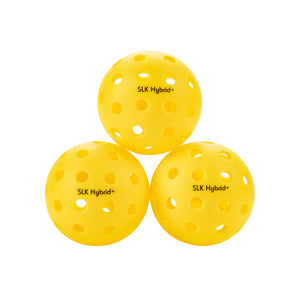 Three yellow SLK Hybrid+ pickleball balls with holes, part of the SLK Reflex Pickleball Bundle.