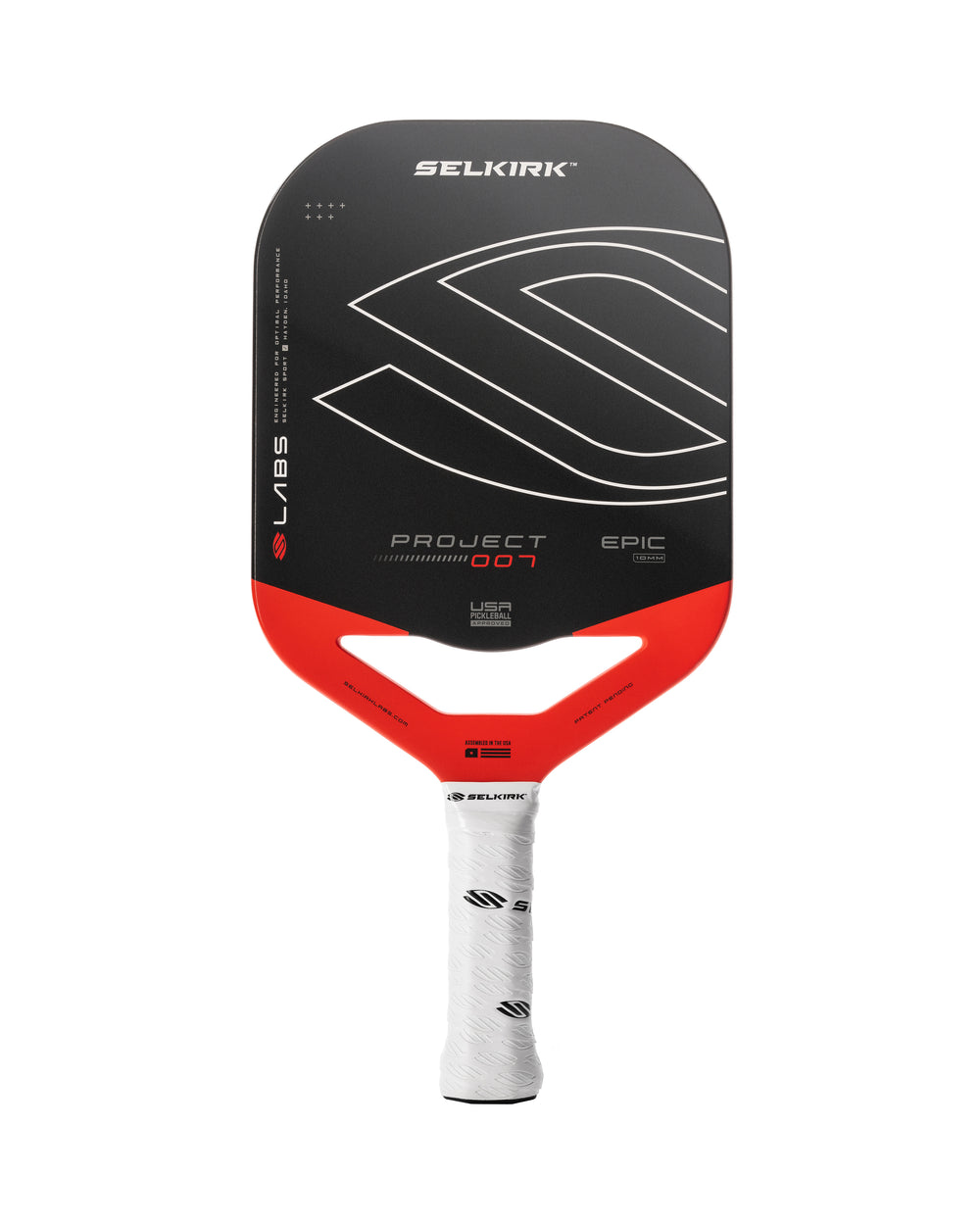 Selkirk LABS Project 007 10mm Epic pickleball paddle with a black and red design.