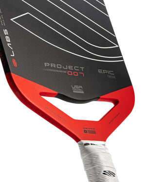 Selkirk LABS Project 007 Epic pickleball paddle with red handle and black face.
