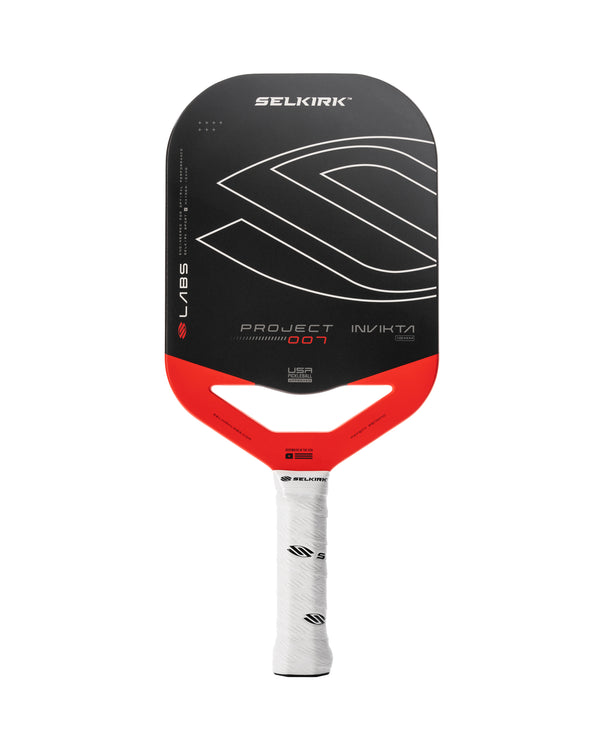 Selkirk LABS Project 007 10mm Invikta pickleball paddle with a black and red design.