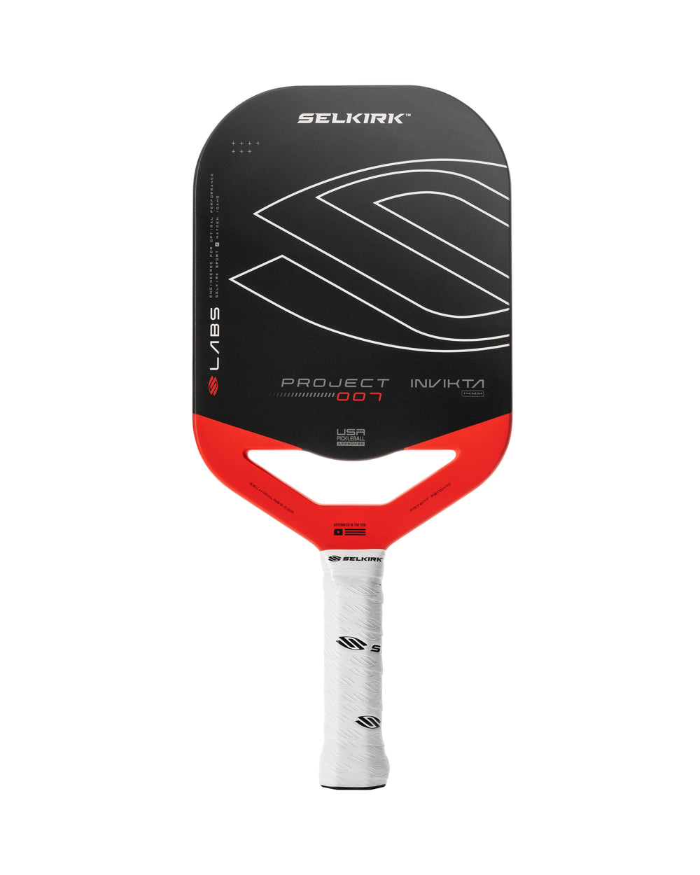 Selkirk LABS Project 007 14mm Invikta pickleball paddle with a black and red design