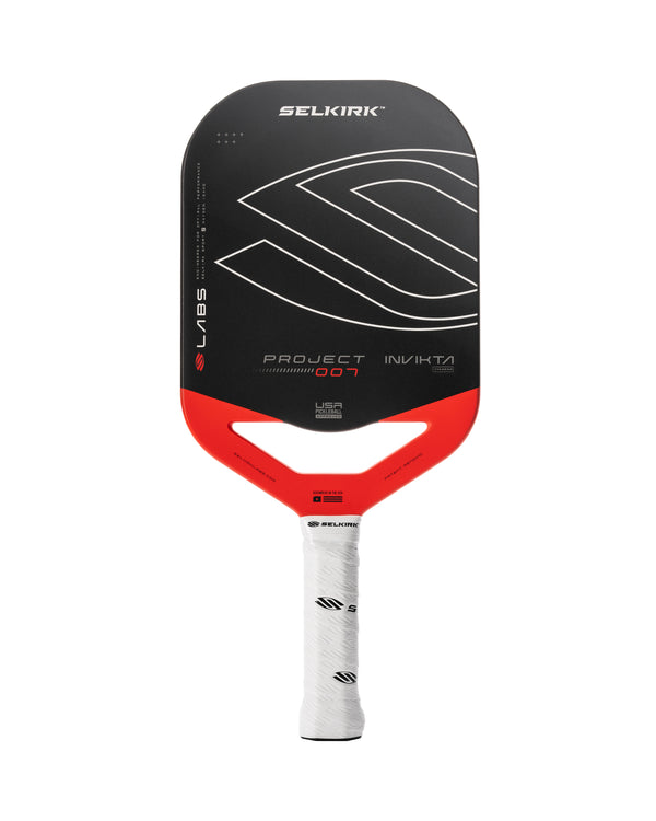 Selkirk LABS Project 007 14mm Invikta pickleball paddle with a black and red design