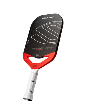 Selkirk LABS Project 007 14mm Invikta pickleball paddle with red handle and black face.
