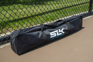 Black carrying bag for SLK Pro Portable Pickleball Net with logo