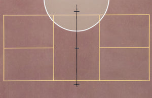 Top view of a pickleball court layout with markings.