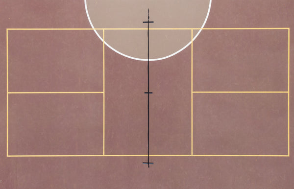 Top view of a pickleball court layout with markings.