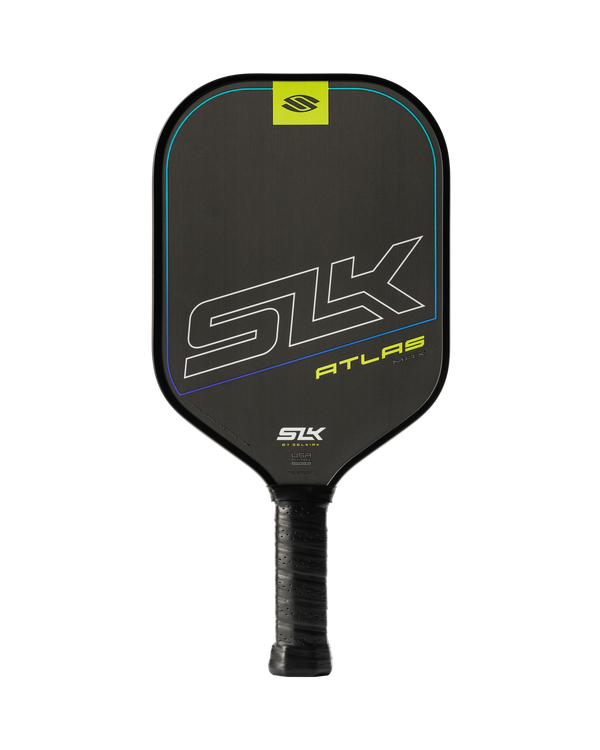 SLK Atlas pickleball paddle in Oasis color with raw carbon surface and grip
