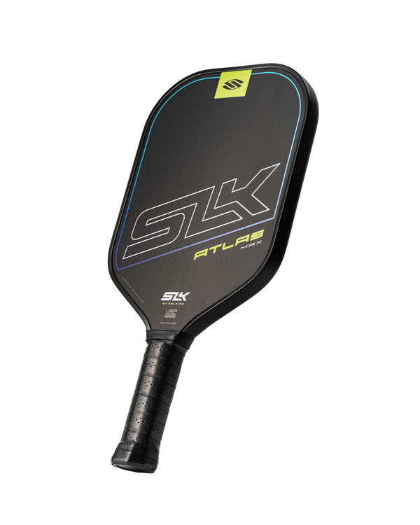 SLK Atlas Max pickleball paddle in Oasis color, showcasing its design and grip.