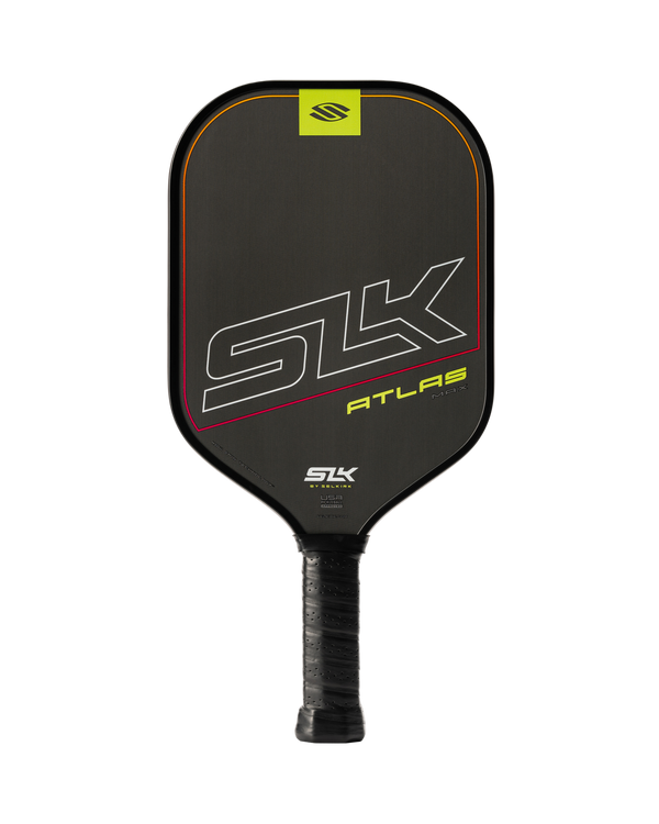 SLK Atlas pickleball paddle in Ember color with raw carbon surface and grip