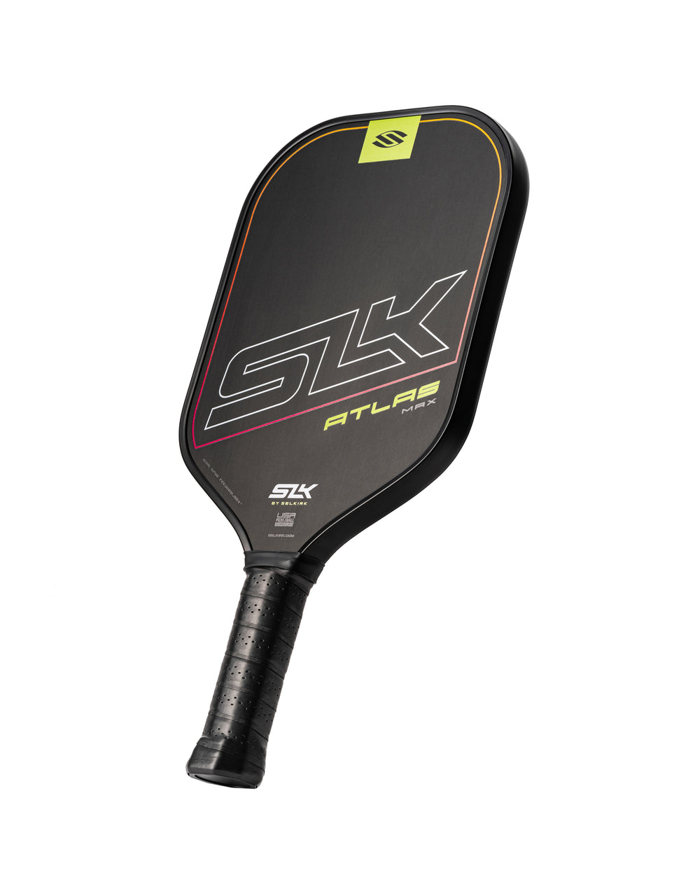 SLK Atlas pickleball paddle in Ember color with raw carbon surface and grip