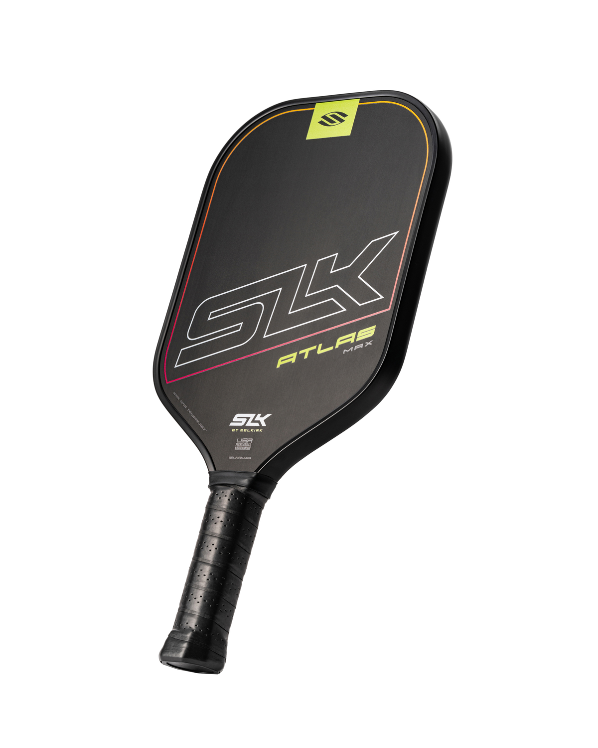 SLK Atlas Max pickleball paddle in Ember color, showcasing its design and grip.