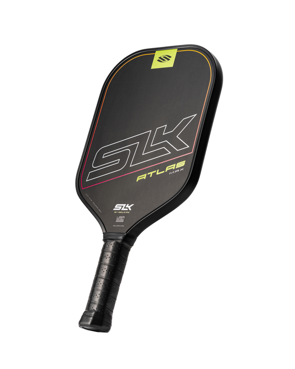 SLK Atlas pickleball paddle in Ember color with raw carbon surface and grip