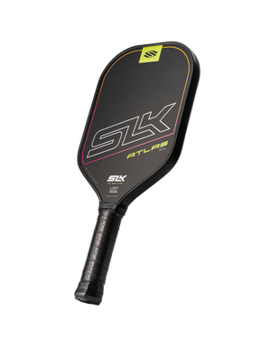 SLK Atlas XL Pickleball Paddle, designed for beginner players, featuring a sleek black design with colorful accents.
