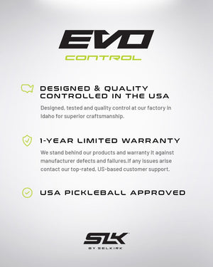 EVO Control paddle features: Designed & quality controlled in the USA, 1-year limited warranty, USA Pickleball approved.